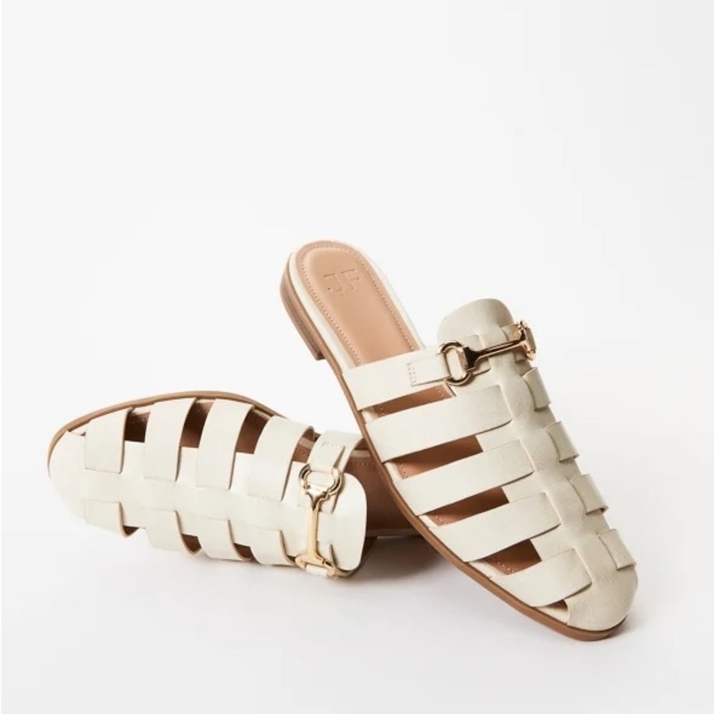 JustFab Cream Woven Loafers with Gold Accent